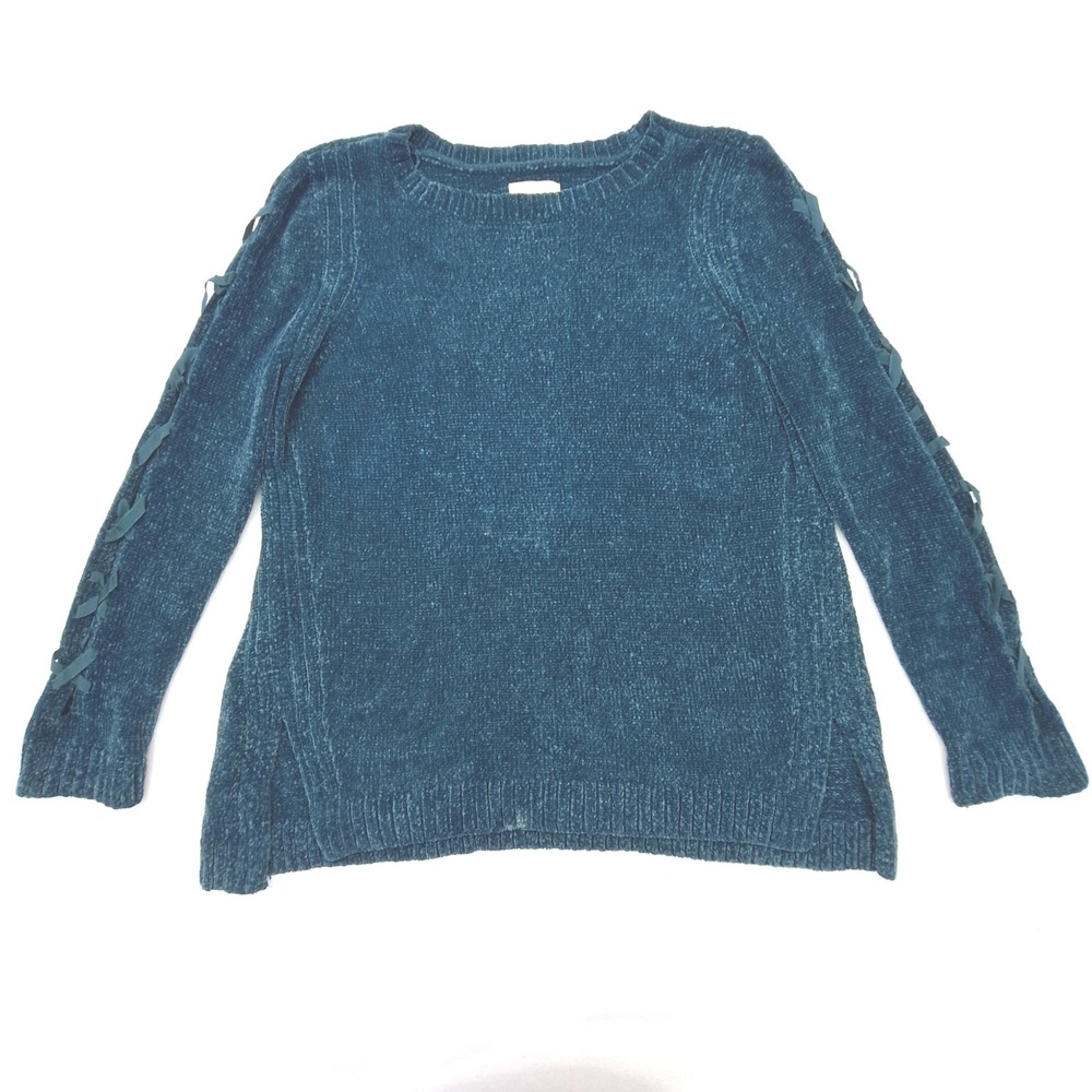 LC Lauren Conrad Sweater Womens XL Teal Chenille Ribbon Lace Up Sleeve Pullover